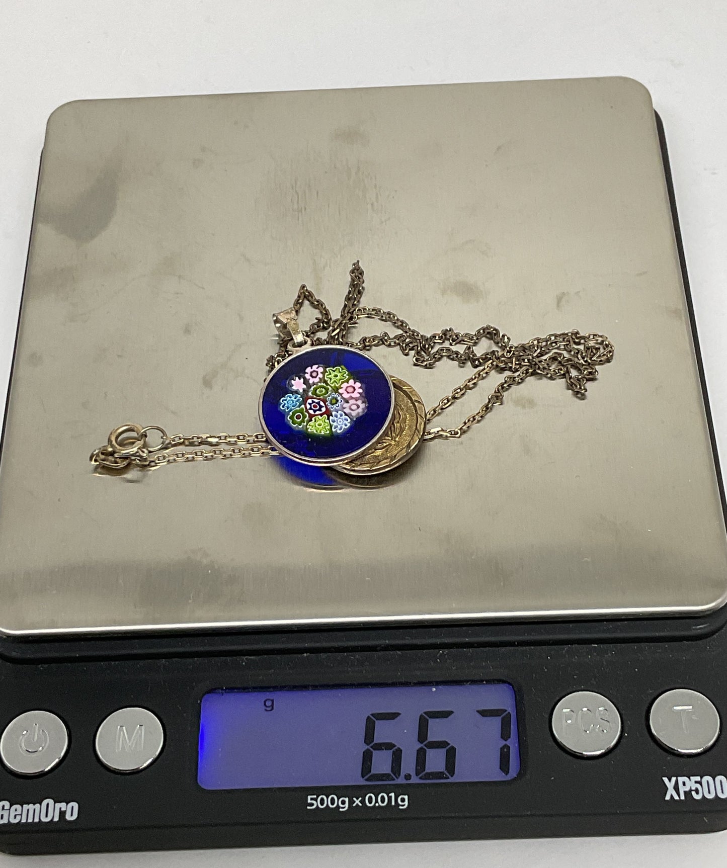 Sterling Silver Chain Necklace Multicolored Millefiori & Round Pendant