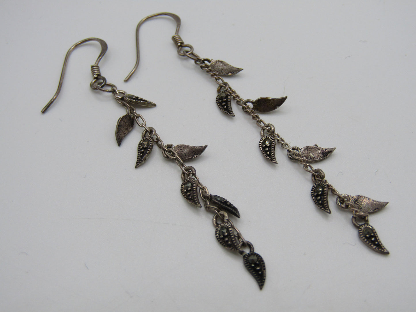 Sterling Silver Marcasite Accent Leaf Vine Drop Dangle Earrings