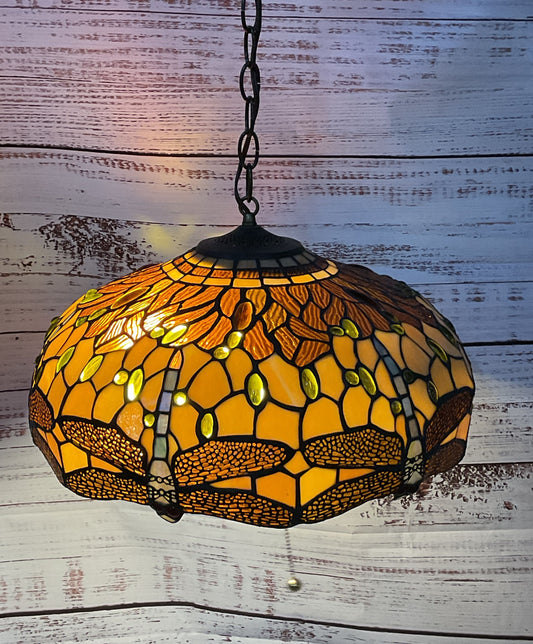 Vintage Dragonfly Tiffany Pendant Stained Glass Hanging Lamp Lot Of 2 Multicolor