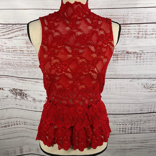 NWT ANTHROPOLOGIE NIGHTCAP Women's Red Lace Turtleneck Sleeveless Blouse- SZ 4