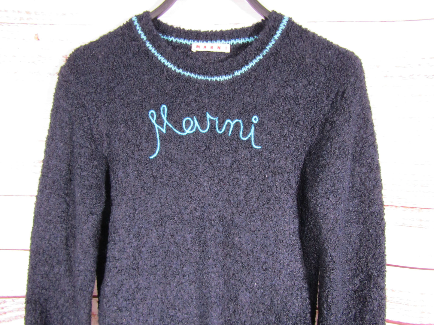 Marni Girl's Blue Wool Blend Logo Embroidered Long Sleeve Dress Size 8Y