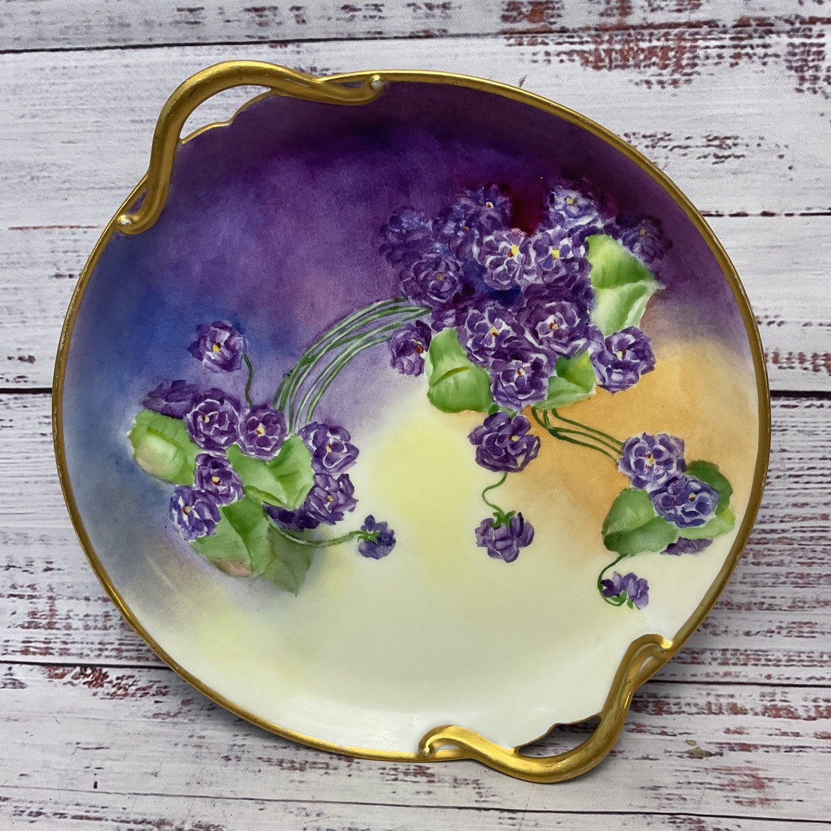 GDA Limoges France Porcelain Purple Hand Painted Flowers Gilded Handled Plate