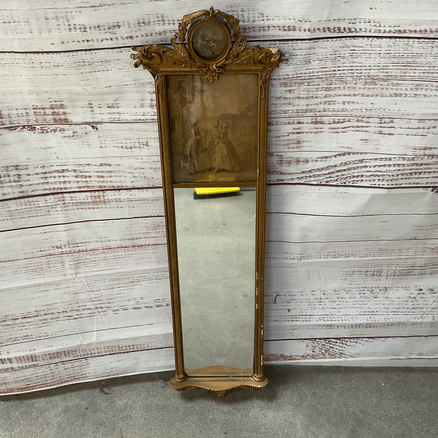 ANTIQUE Estate Louis Style Ornate Giltwood Trumeau Mirror - 42" x 13"