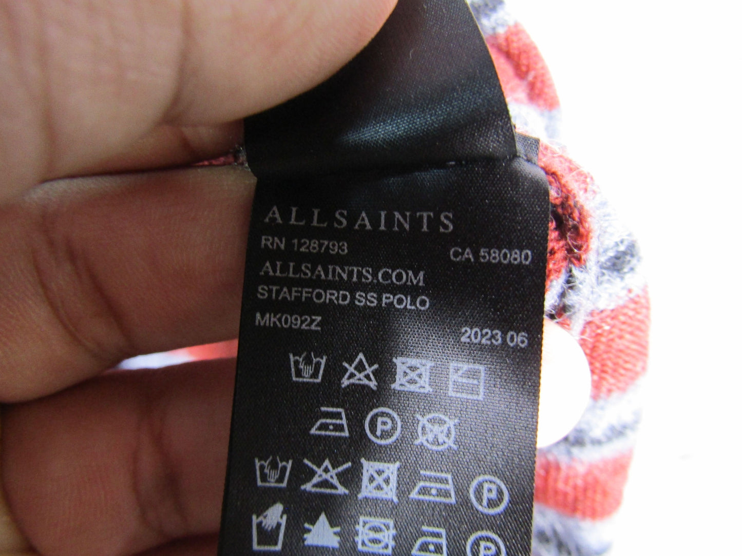 AllSaints Stafford Men's Striped Wool Blend Short Sleeve Polo Shirt Size L