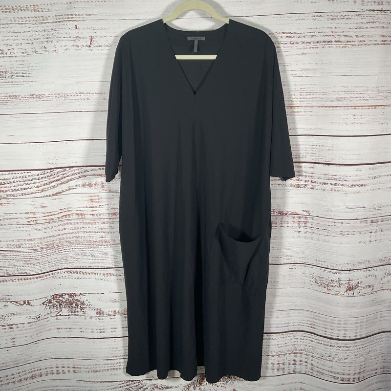 Oska Black Short Sleeve V-Neck Tunic Midi Shirt Dress - Size 1