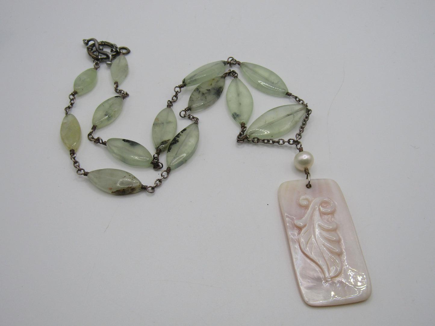 Vintage Artisan Handcrafted Sterling Silver Prehnite & Carved Pink MOP Necklace