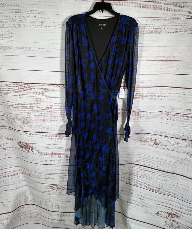 NWT Women's Laundry by Shelli Segal Black and Blue Mesh Wrap Dress Size 14