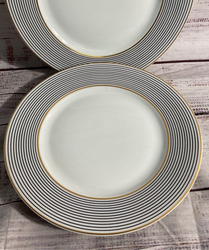 Set Of 3 Raynaud Ceralene Limoges Crinoline Black Dinner Plate White Gold 9"