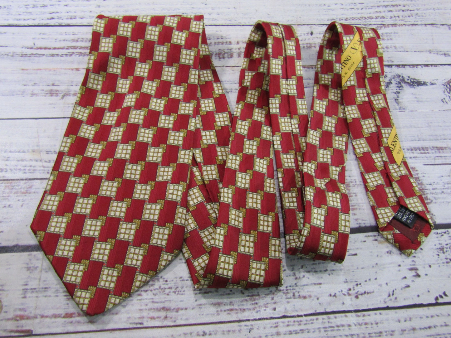 Vintage Valentino Red Silk Geometric Square Print Tie Made in Italy