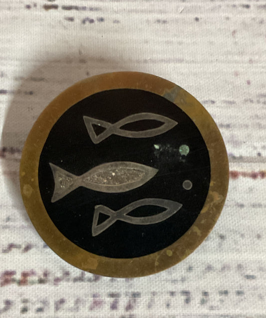 Vintage Fish Symbol Round Brooch Black Inlay Mexico
