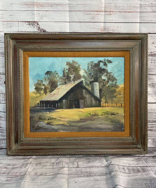 Vintage Old Barn Framed Landscape Acrylic Painting Signed By Alice Walker