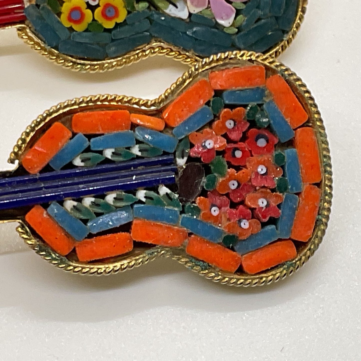 Set of 2 Italy Brass Mosaic 1.75" Guitar Brooches