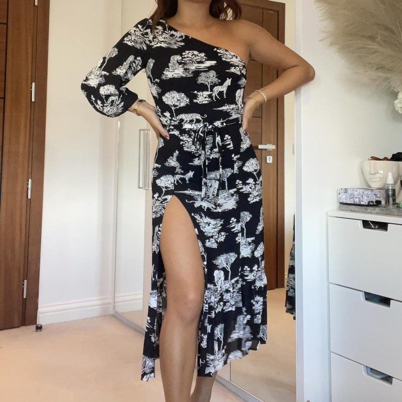 REFORMATION Freeport One Shoulder Slit Midi Dress - Black Safari Print Size 4