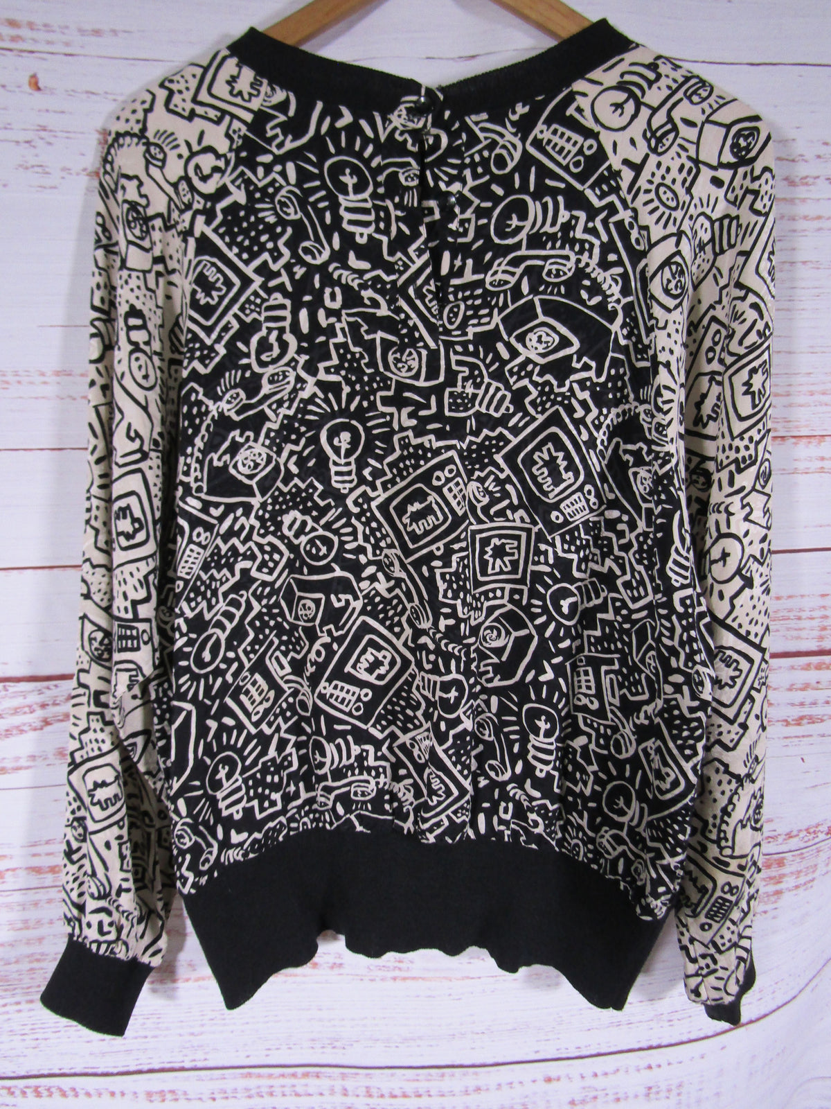 Vintage 1990's Women's Black & White Whimsical Retro Print Silk Blouse Size 6