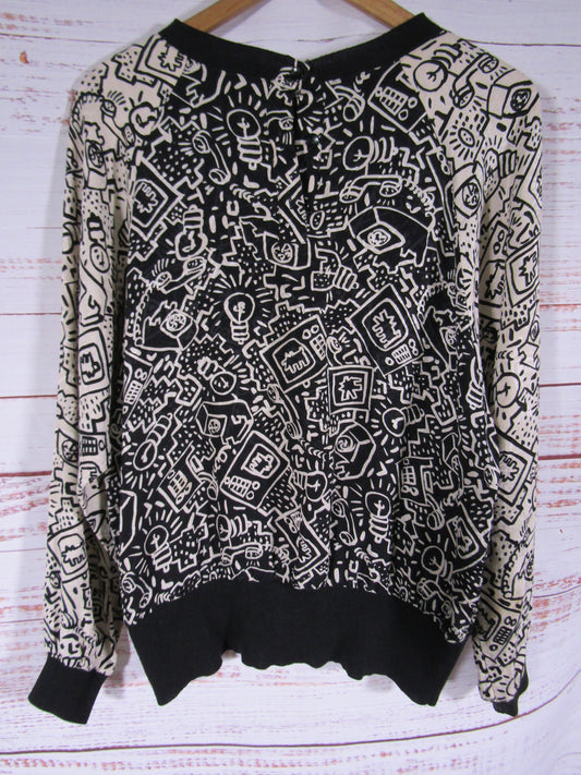Vintage 1990's Women's Black & White Whimsical Retro Print Silk Blouse Size 6