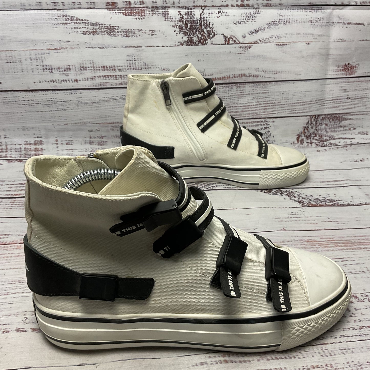 Ash White Canvas Hi-top Black Strap Buckle Sneaker Casual Shoe Women Size 7.5