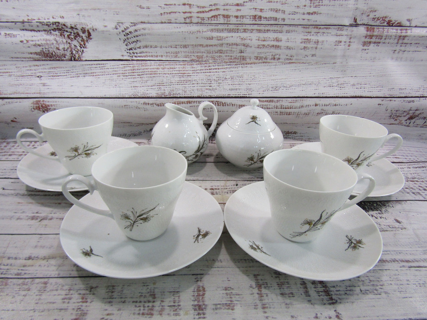 Rosenthal Basquette Bjorn Wiinblad White Porcelain Cup Saucer Creamer Sugar Bowl