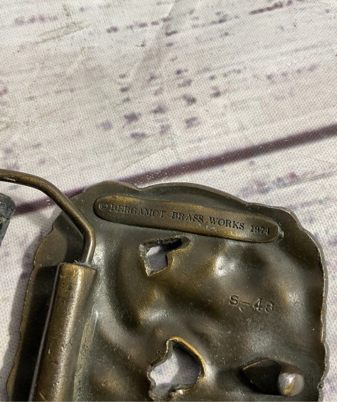 Vintage Bergamot Brass Works Dragon Brass Belt Buckle & Justin Leather Belt 36