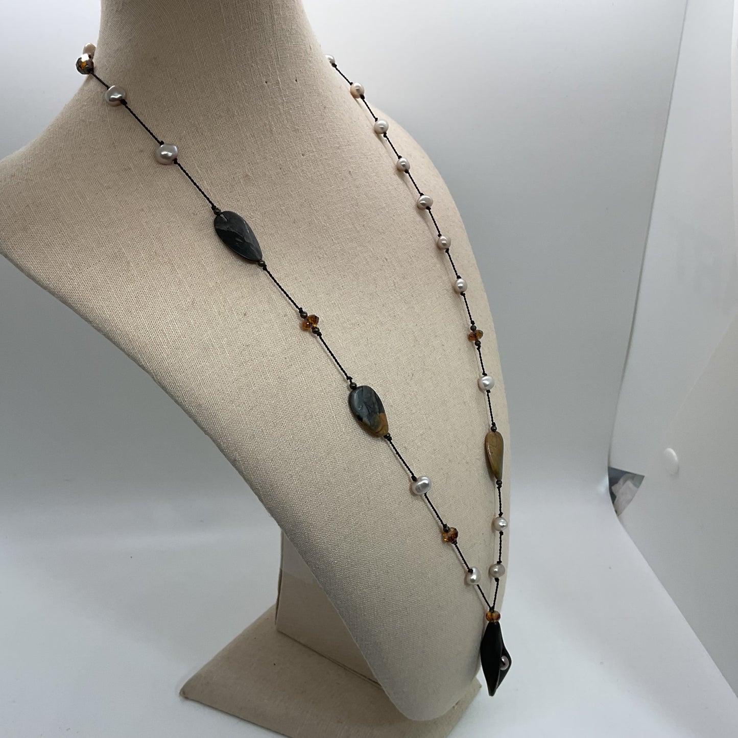 VTG. Sterling Silver Multi Gemstone & Pearl String Beaded Y-Necklace- 26"