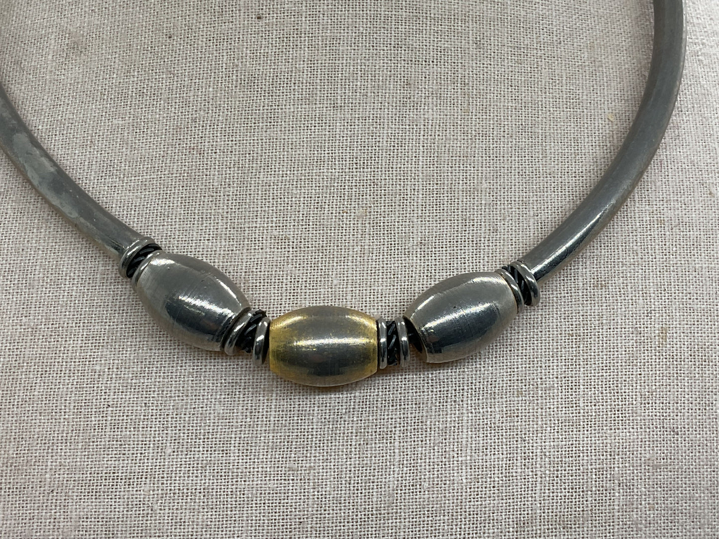 VTG. 70s Bar and Bead Stainless Steel and Brass Necklace- 16"