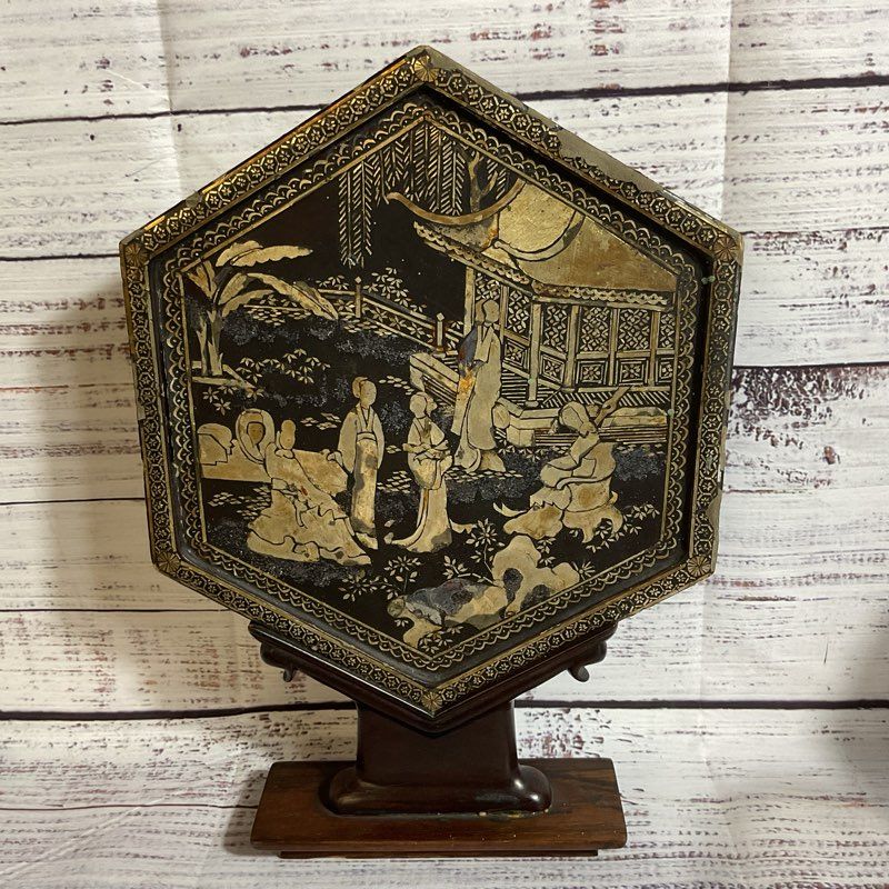 ANTIQUE Chinese Qing Dynasty Wood Metallic Inlaid Lacquer Decorative Piece-11.5"