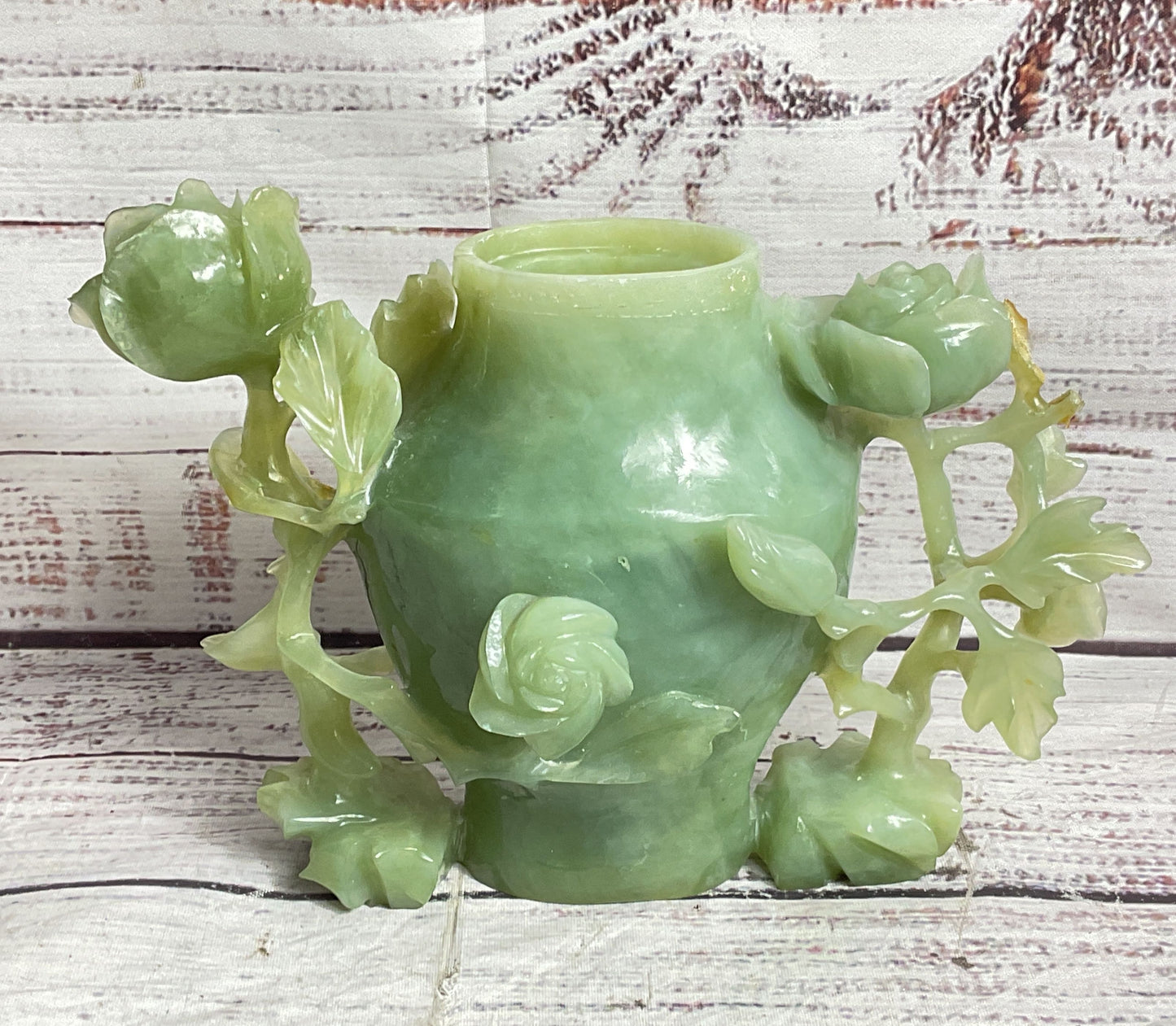 Vintage Chinese Rose Carved Natural Stone Jar Green