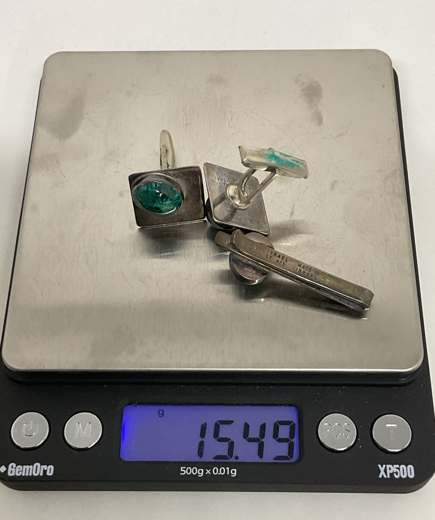 ISRAEL Sterling Silver Vintage Cufflinks & Tile Clip with Green Malachite