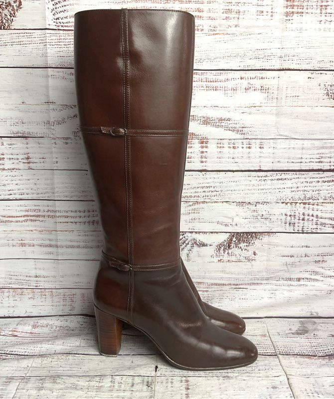 Julianelli Vintage Leather Buckle Detail Calf High Boots Brown 8