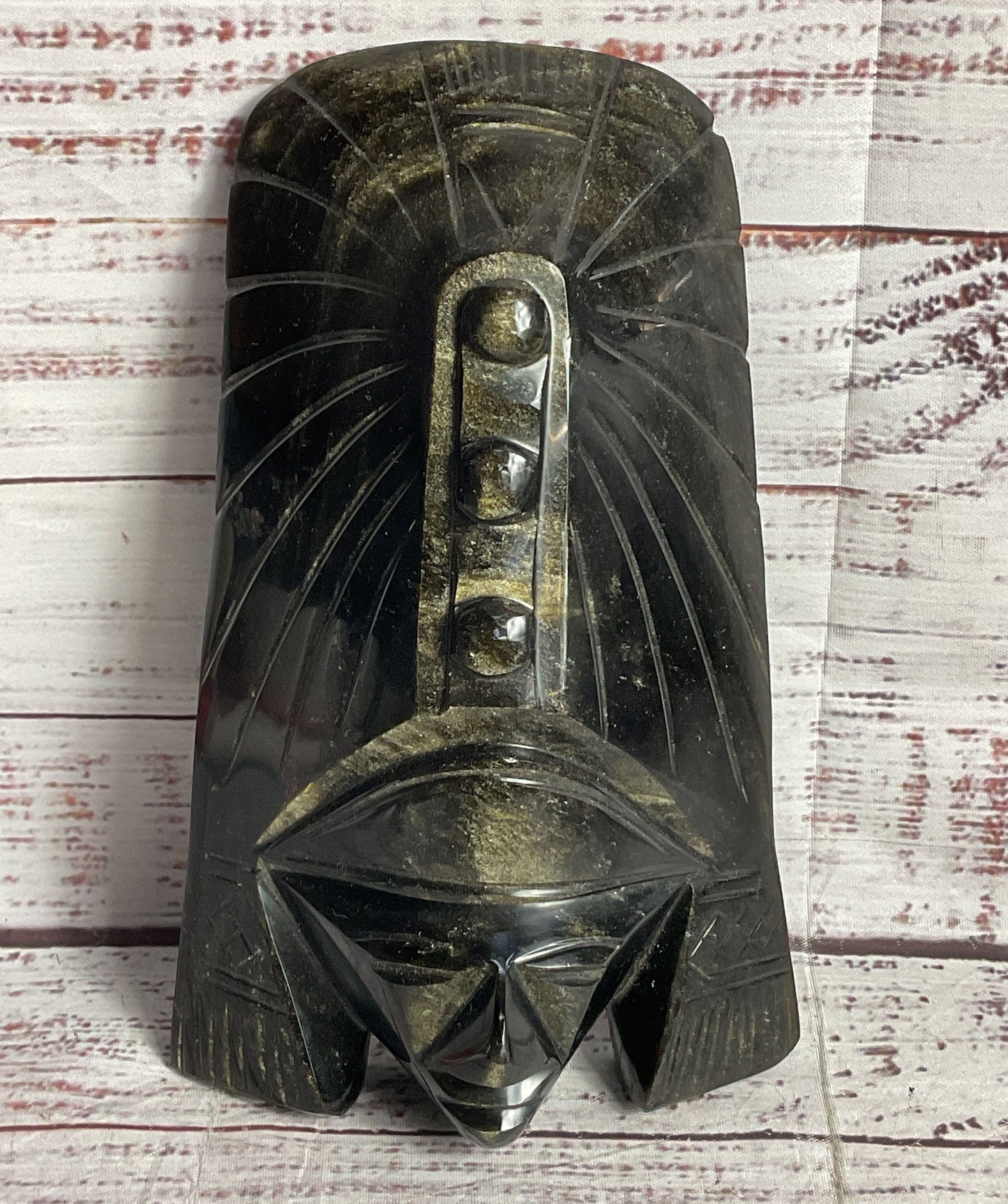 Mexican Aztec Obsidian Gold Sheen Volcanic Glass 7.75" Figurine Black
