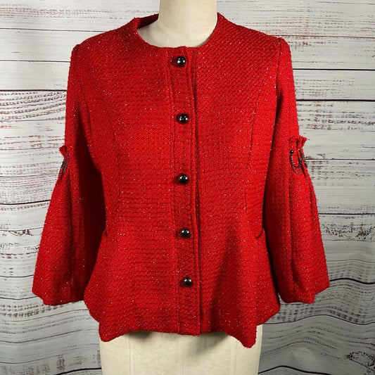 ALBERTO MAKALI Red Tweed EmbellishedJacket- SZ 8