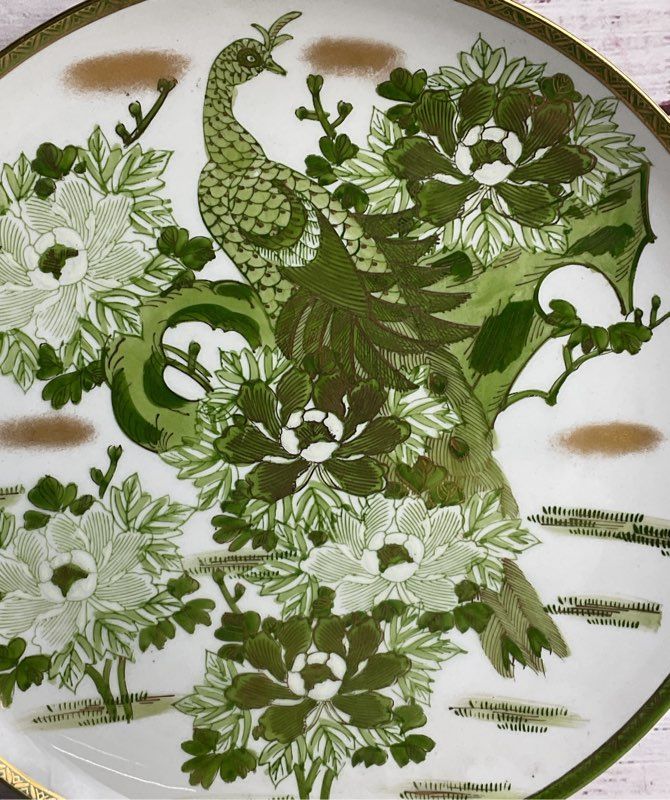 Kutani Antique Japanese Peacock 12" Decorative Plate Green White