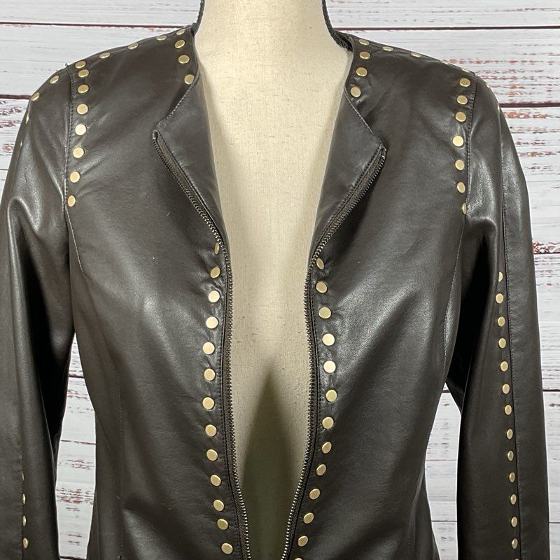 WORTH Women's Brown Faux Leather Studded Zip Up Jacket- XP