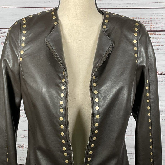WORTH Women's Brown Faux Leather Studded Zip Up Jacket- XP