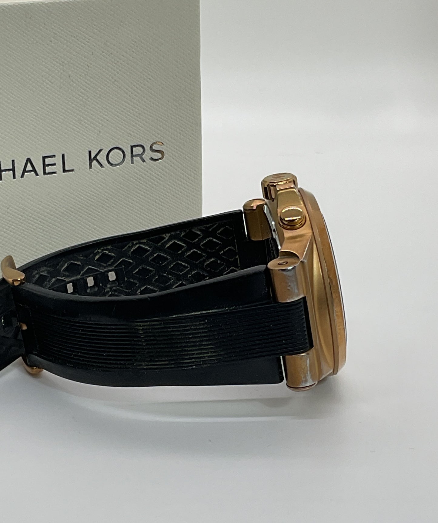 MICHAEL KORS MK-8184 Gold Tone Chronograph Black Silicone Band Watch