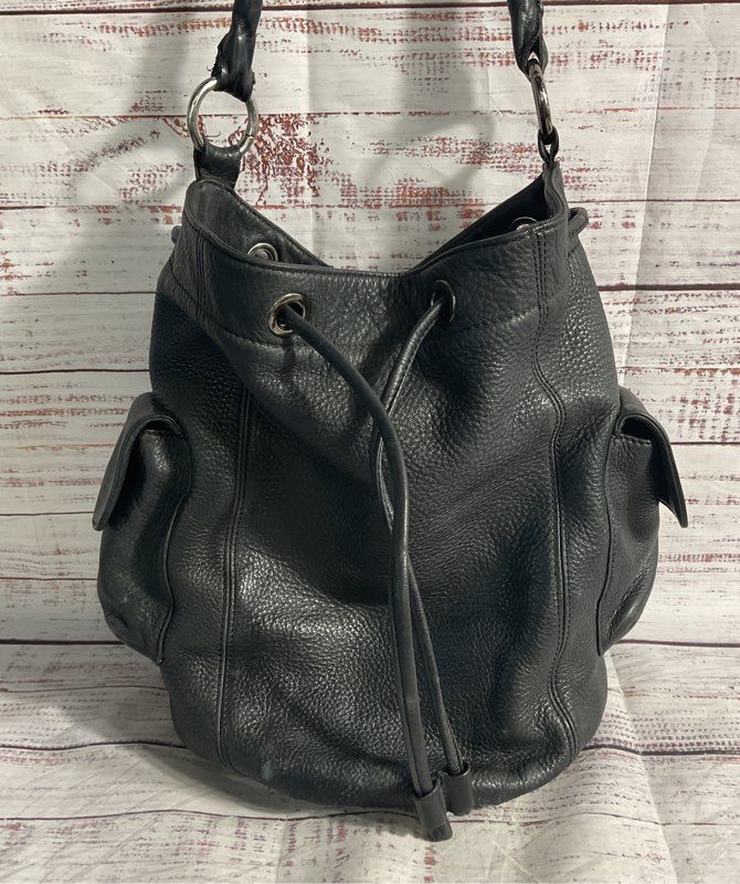 Oroton Women's Black Genuine Leather Bucket & Drawstring Satchel Shoulder Bag
