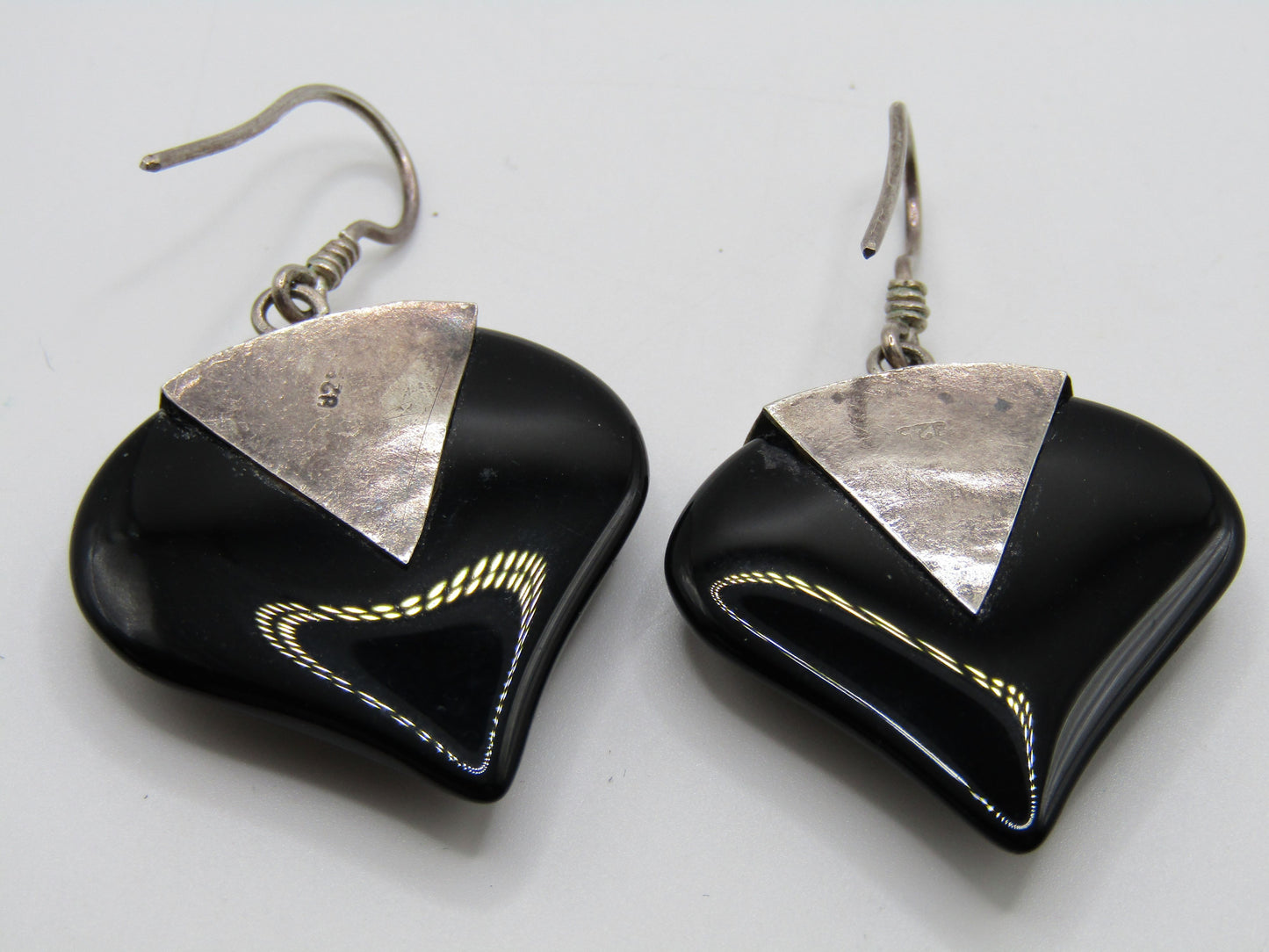 Vintage Sterling Silver Dot Heart Onyx Drop Dangle Earrings