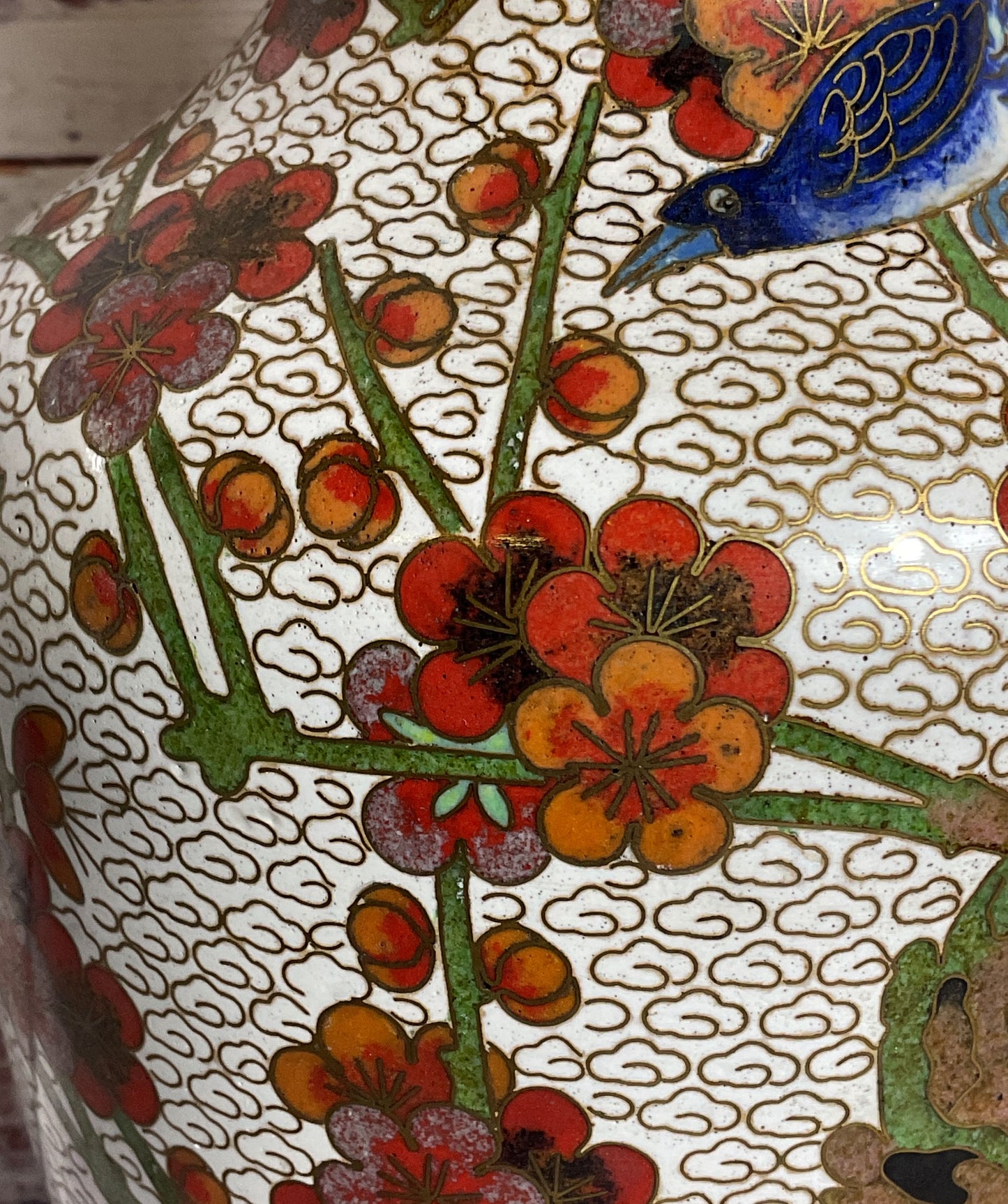 VTG. Chinese Floral Cloisonne Enamel Brass Vase with Wood Stand- 9.5"
