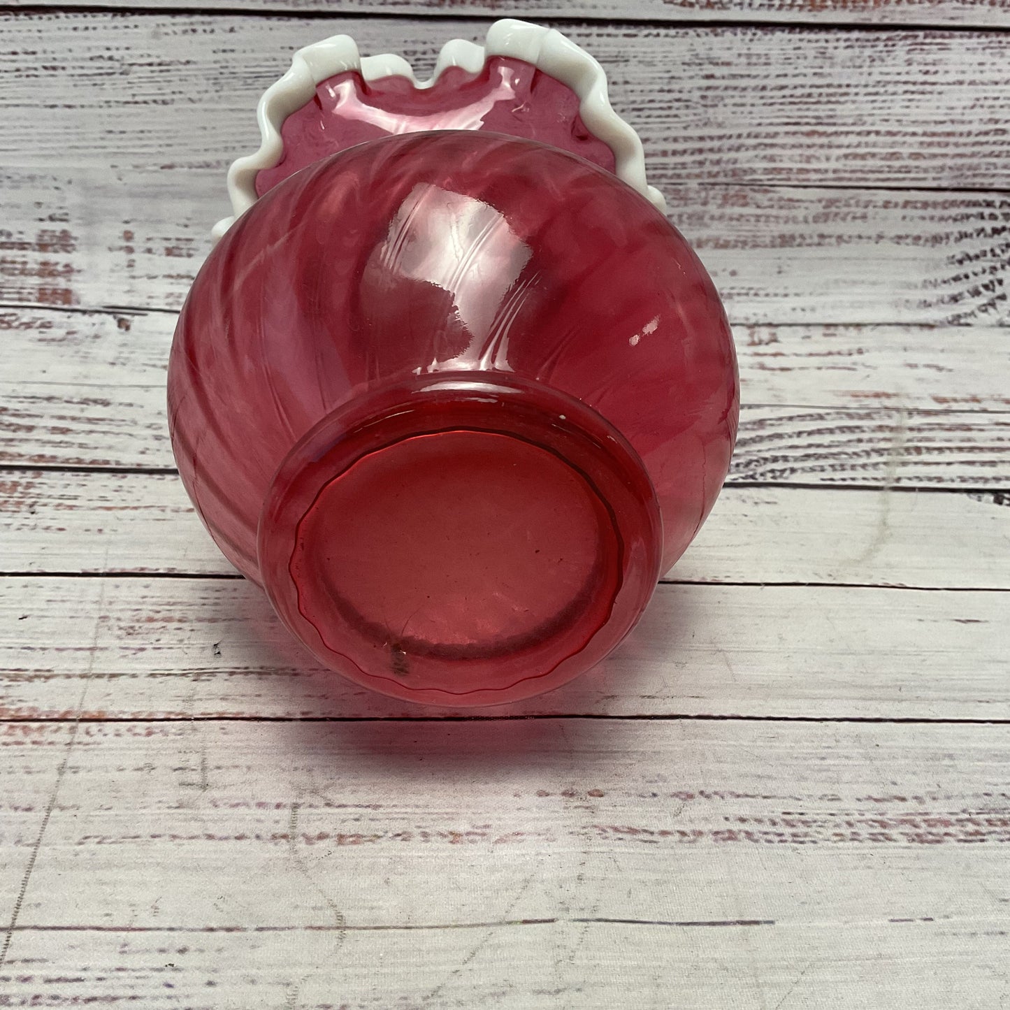 Fenton Pink Ruby Red Clear Swirl White Milk Glass Ruffled Rim 7.5" Vase