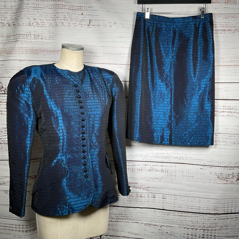 VTG. VICTOR COSTA Women's Satin Blue Skirt Suit- SZ 14