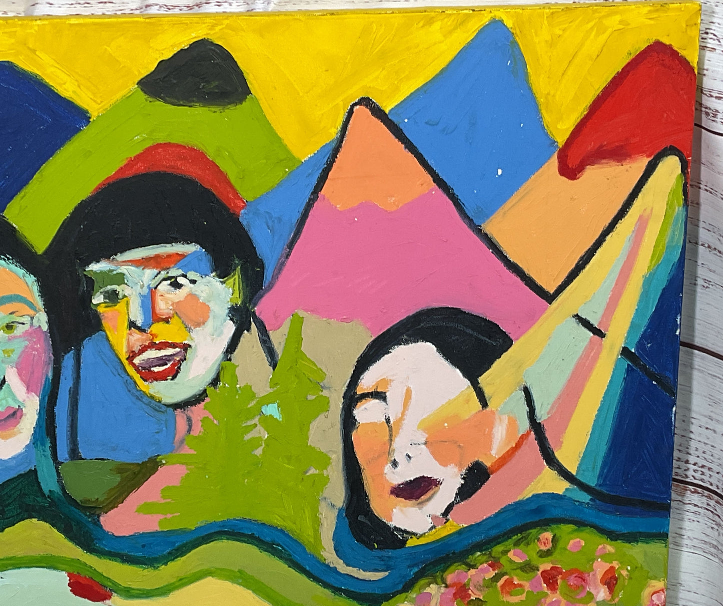 Three Women Against a Mountain Painting Signed by Emily J. Snyder