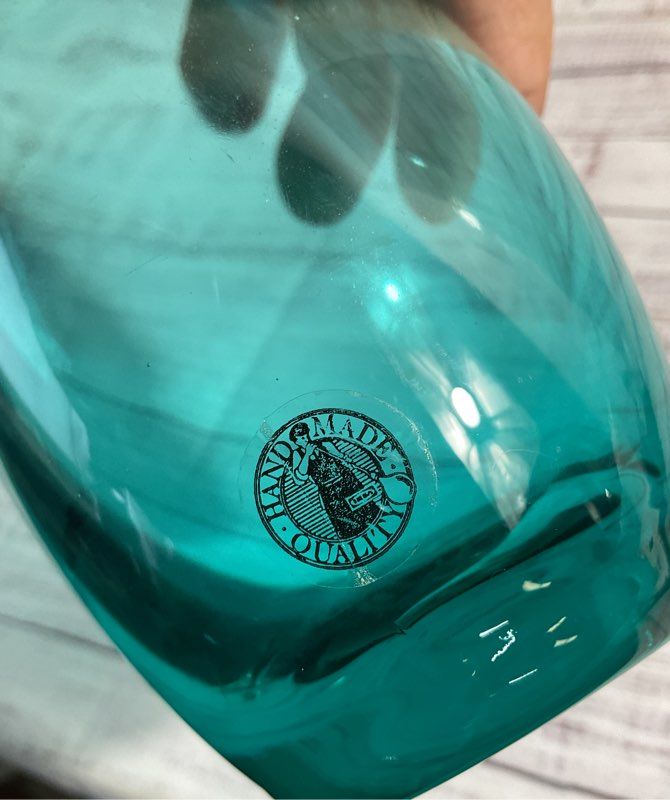 Contemporary Hand Blown Bent Neck Pontil Blue Art Glass Vase MCM Style 13” Tall