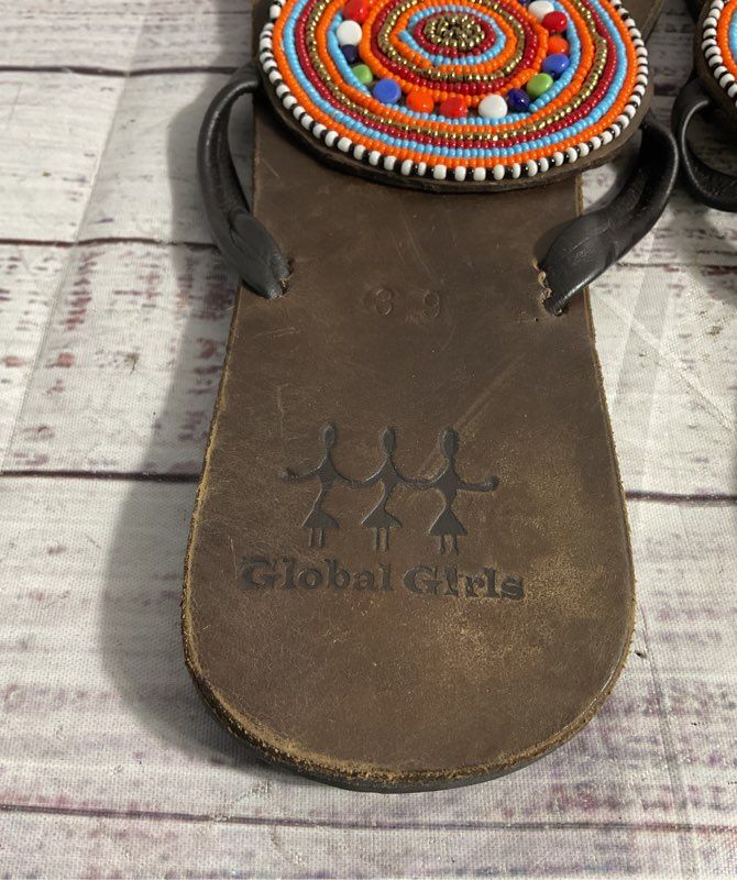 Global Girls Women's Dark Brown Leather Beaded Masia Macho Sandals Size 39