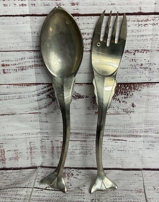 Godinger Figural Fish Form Salad Serving Spoon and Fork Set Silverplate