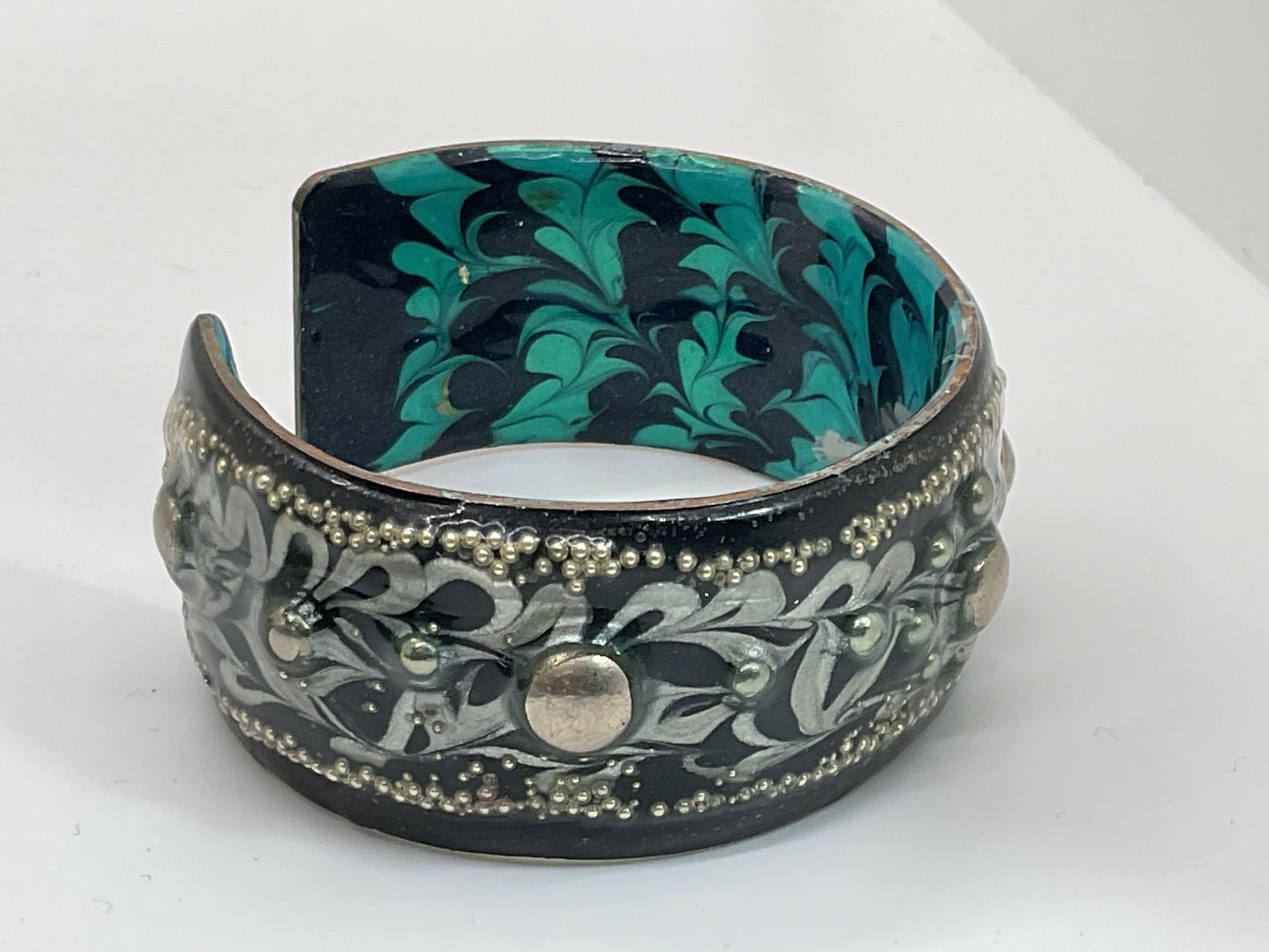 Signed Artisan Brutalist Copper & Enamel Studded 1" Wide Cuff Bracelet- 6.25"