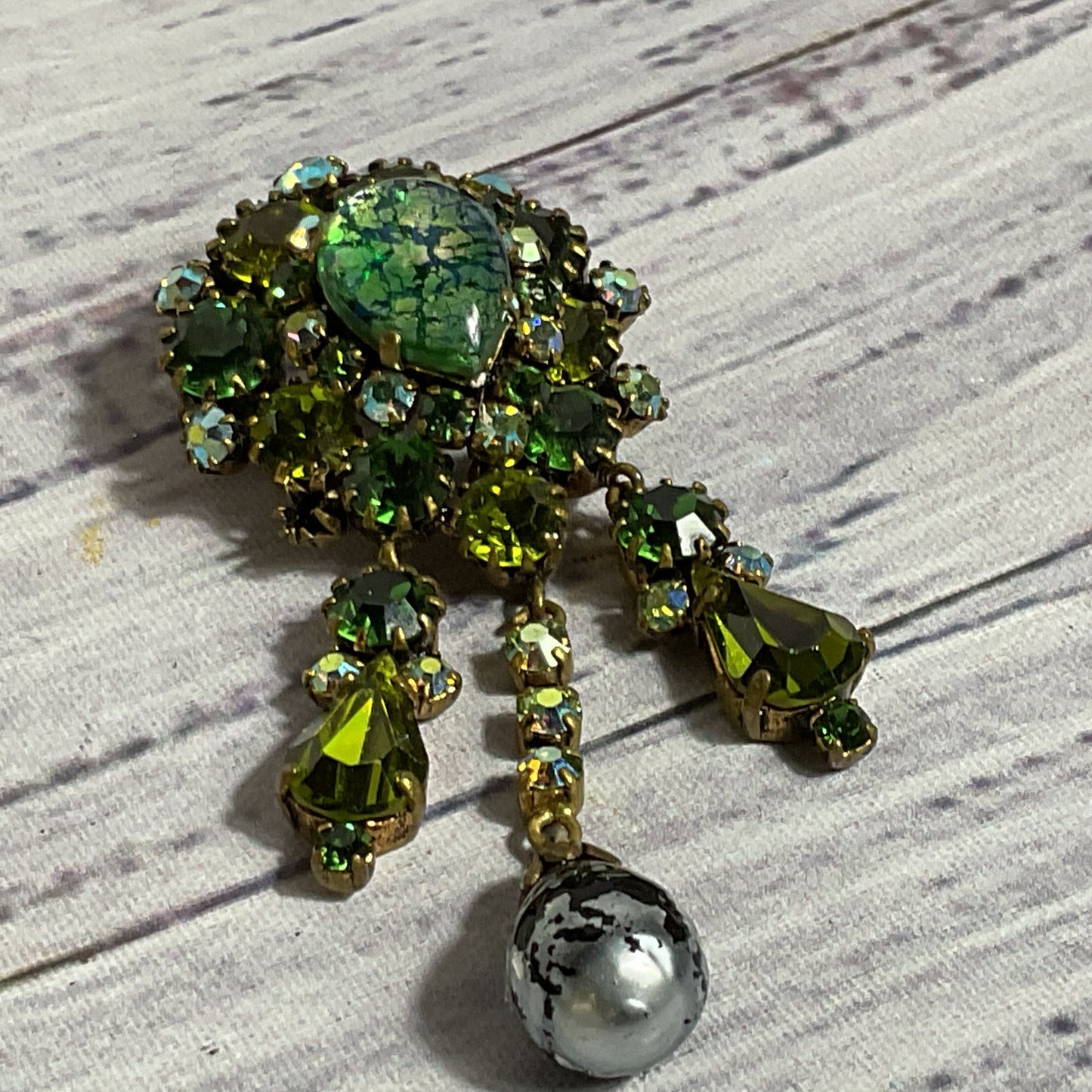 VTG. In Style of CLAUDETTE Cat Foil Glass & Rhinestone Brooch- 2.75"