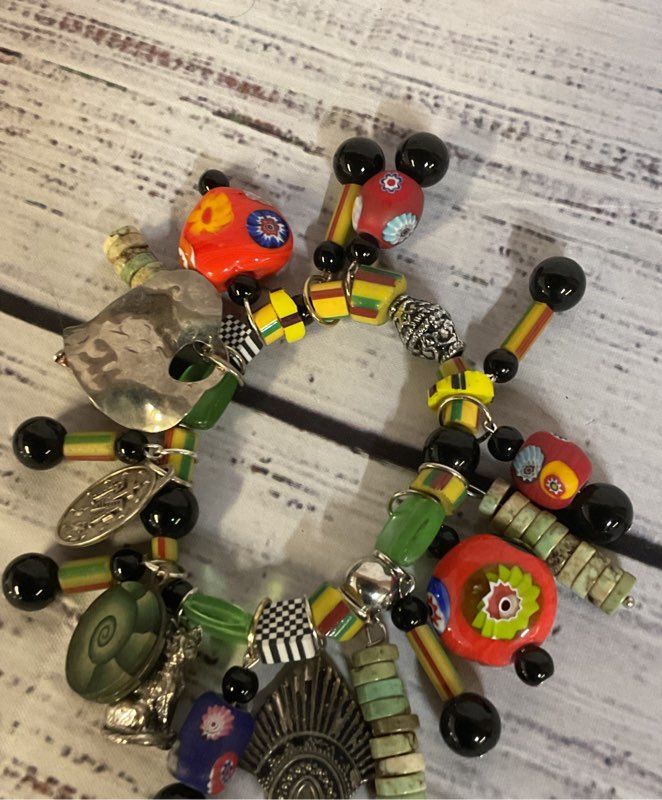 Elastic Charm Bracelet Silver Glass & Stone Charms