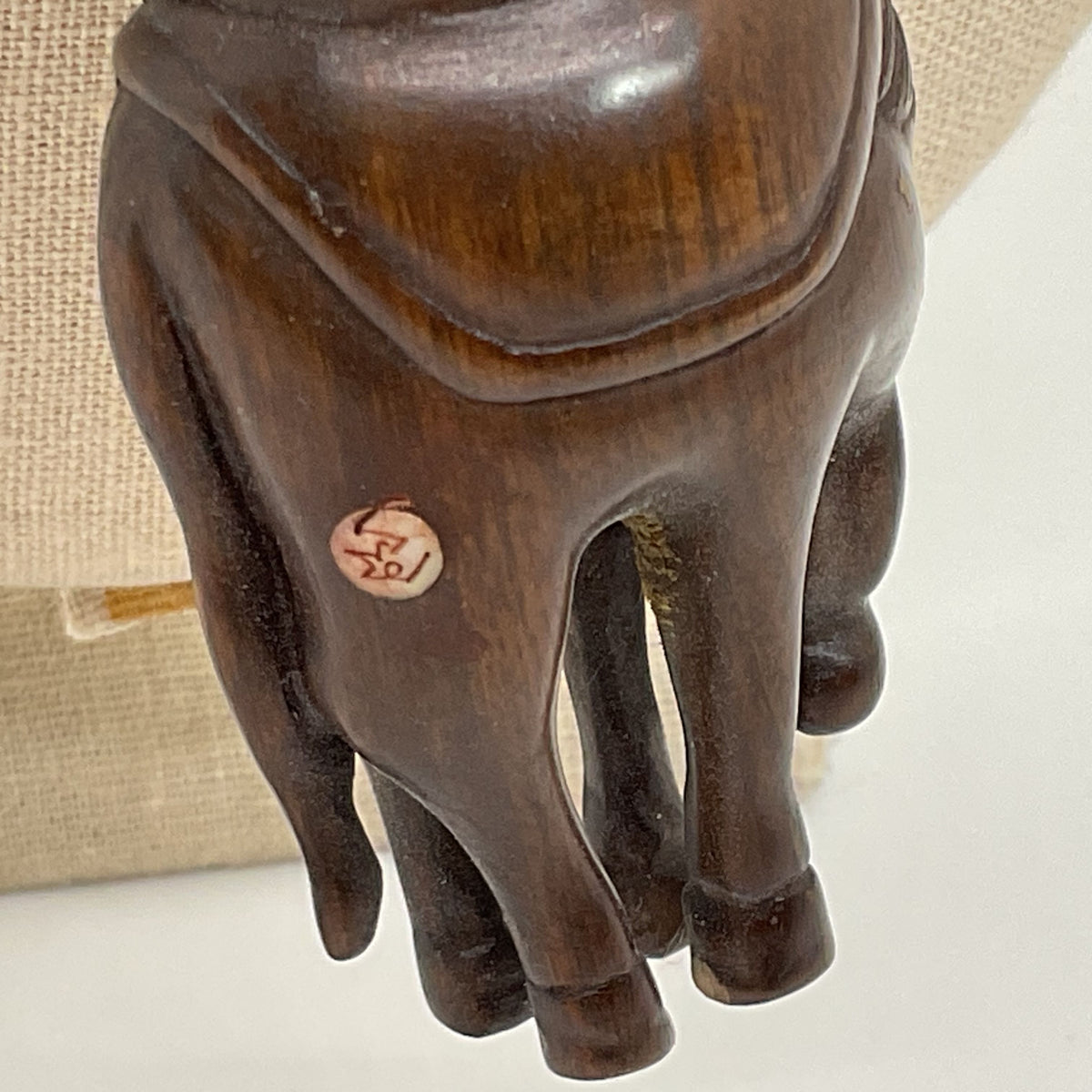 Signed ANTIQUE Japanese Carved Wood Netsuke and Jade Disc Pendant Necklace