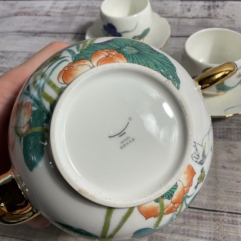 Auratic Happiness Heming 7 Pc Tea Cup Saucer Tea Pot Set 24k Gold Trim Porcelain