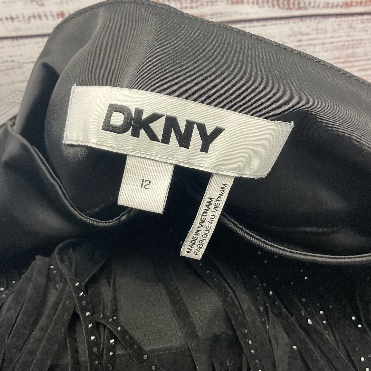 DKNY Black Rhinestone Studded Fringe Mini Skirt - Size 12 New