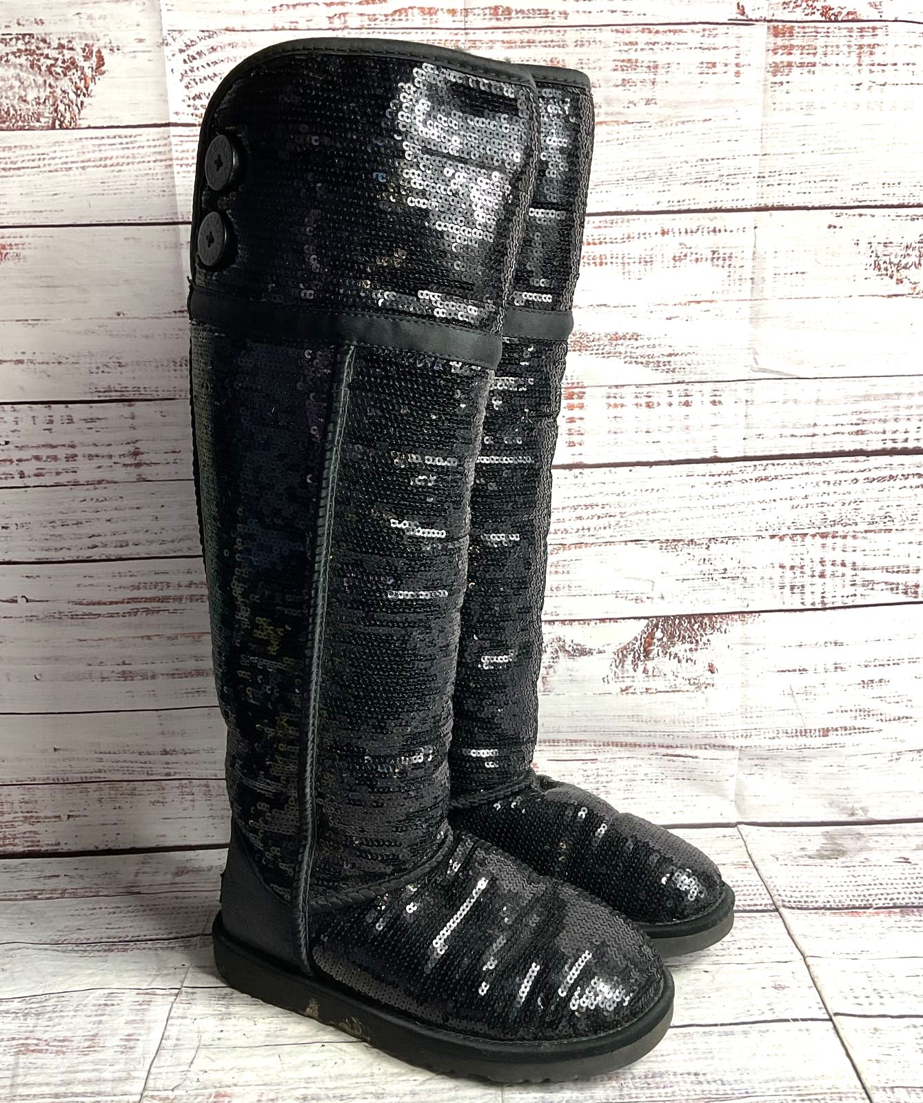 UGG Over The Knee Bailey Button Sequin Slip On Boots Black 6